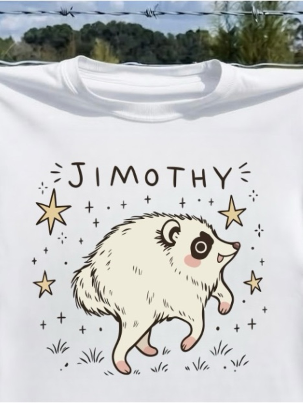 Gildan White Tee with Cute Jimothy Hedgehog Graphic and Gold Stars - Picture 2 of 4